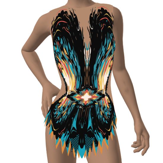 LS2702 leotard with skirt in the Ember Tide teal, orange and gold colour idea.